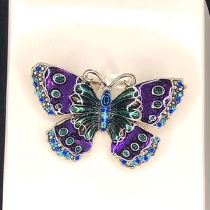 Vintage AAiO Silver Butterfly Brooch Purple Green Enamel & Rhinestones 2 1/4”
